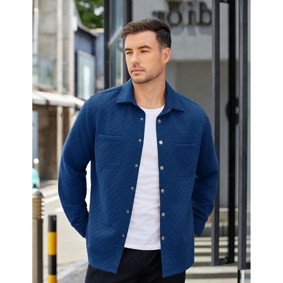 Mens Shacket Long Sleeve Shirt Jacket with Pockets Dark Blue Quilted Overshirt - Picture 3 of 5
